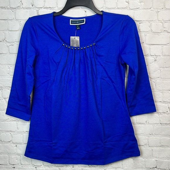 Karen Scott Ultra Blue Beaded Neckline 3/4 Sleeve Top Size Small - Picture 2 of 5